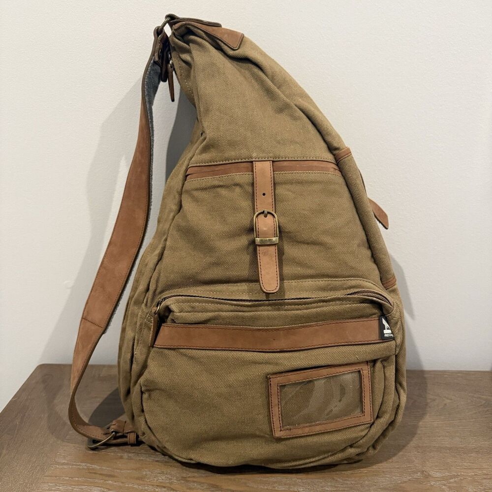 AmeriBag Canvas Sling Bag Healthy Back Utility Teardrop Crossbody Backpack Brown